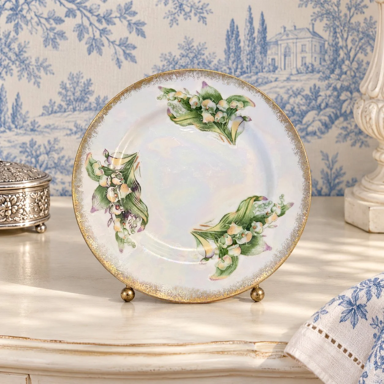 Lily-of-the-valley plate on an ivory dressing table beside a silver box.