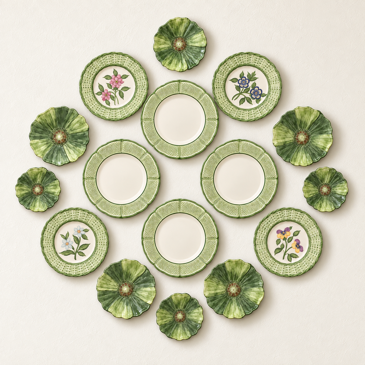 Vintage Italian Green Basketweave & Botanical Plate Collection – 16 Pieces