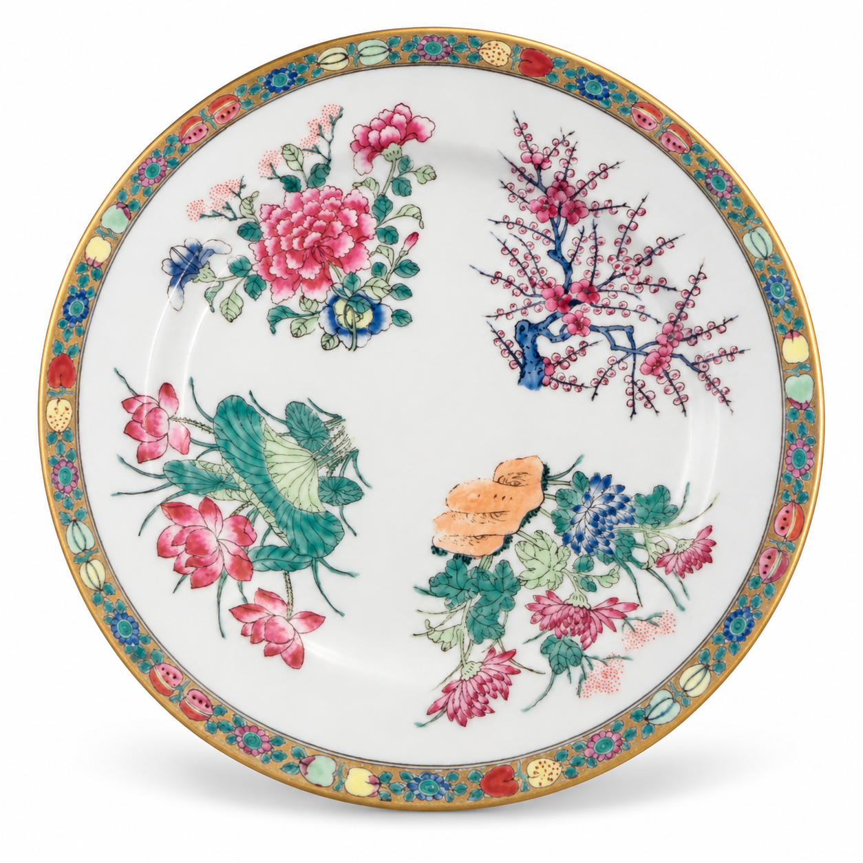 Vintage Chinese famille rose floral plate styled with blue-and-white porcelain, antique books and grandmillennial decor