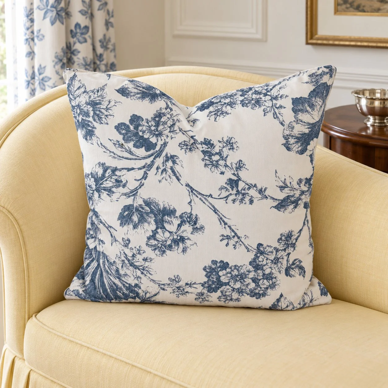 Blue botanical pillow on an ivory armchair in a French-blue sitting room.