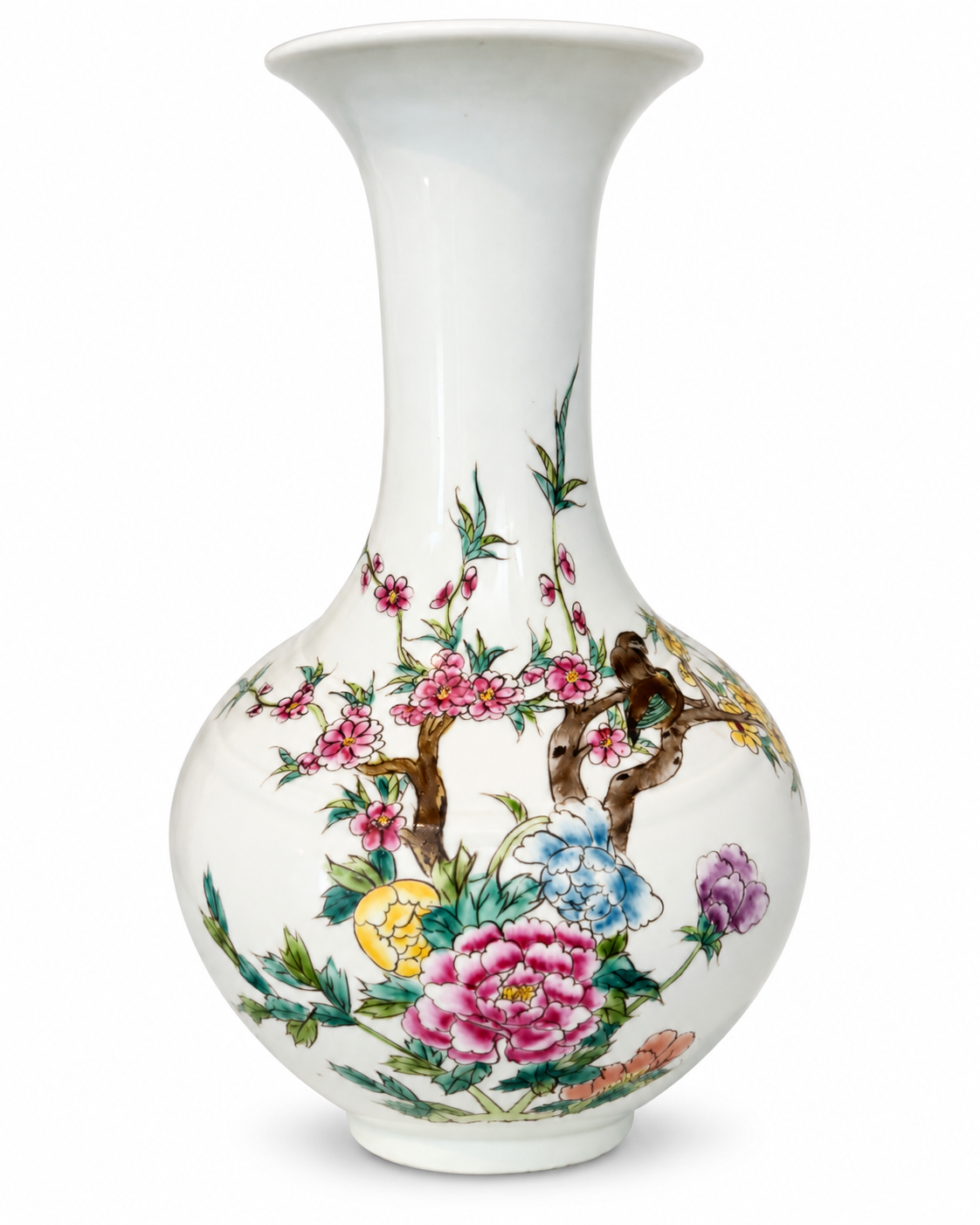 Reverse of a chinoiserie porcelain vase showing black Chinese calligraphy, a red seal and delicate floral sprigs.
