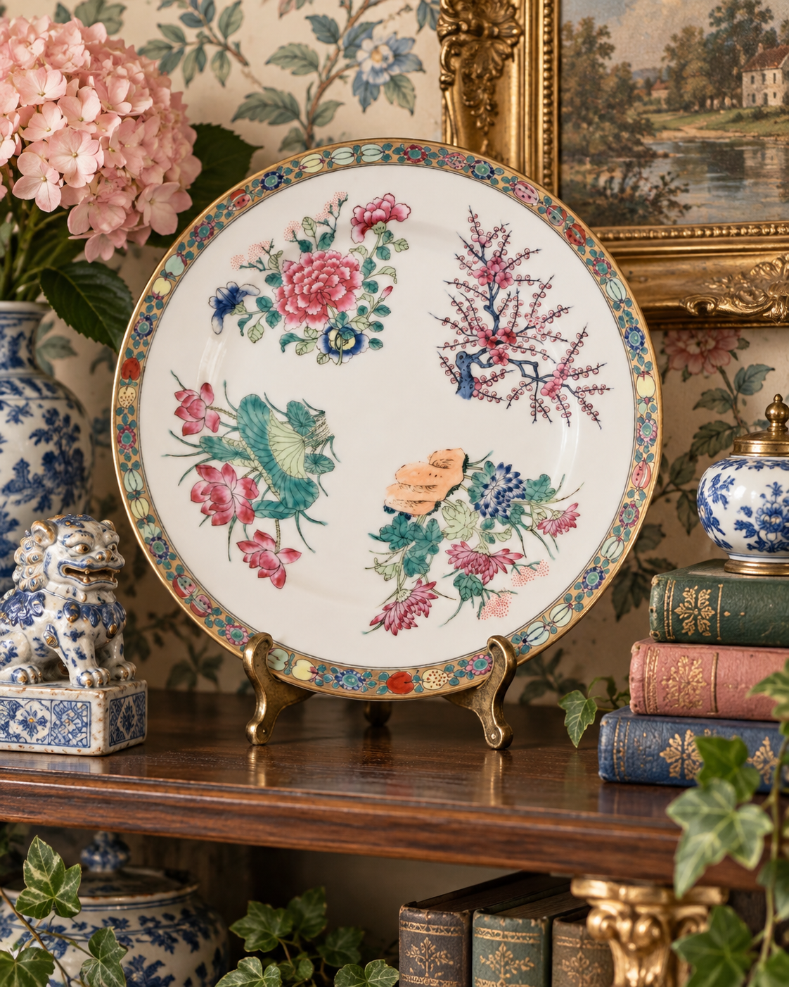 Vintage famille rose porcelain plate with pink, blue and green florals, gilt border and classic grandmillennial styling