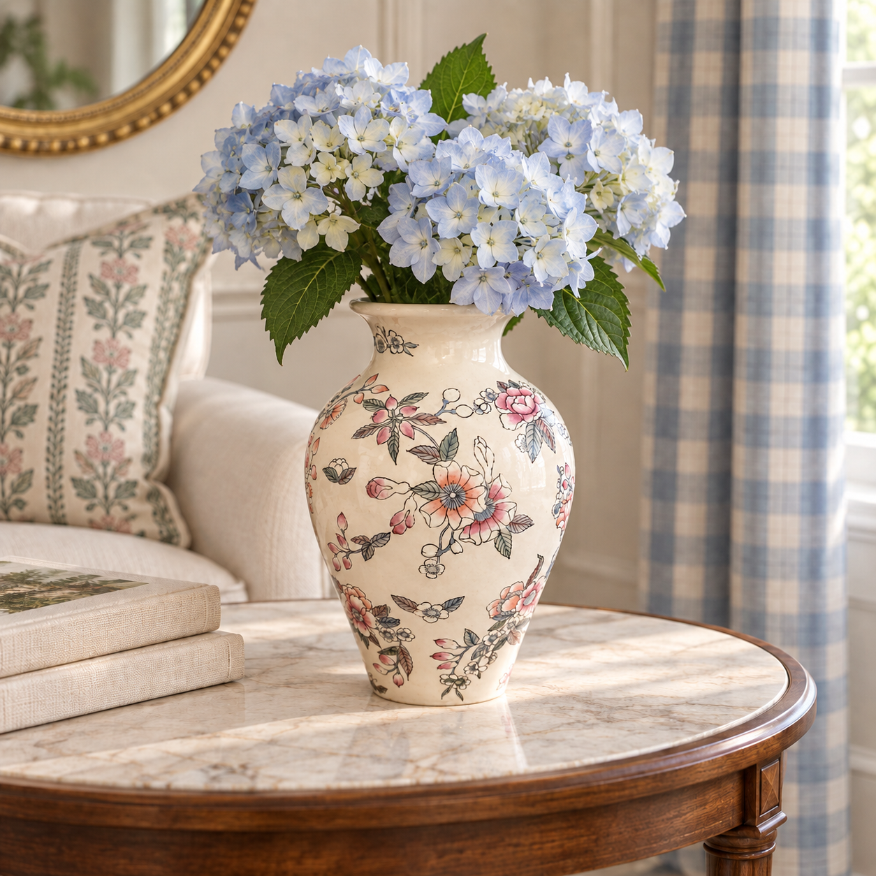 Ivory floral porcelain vase holding pale blue hydrangeas in a grandmillennial reading corner.