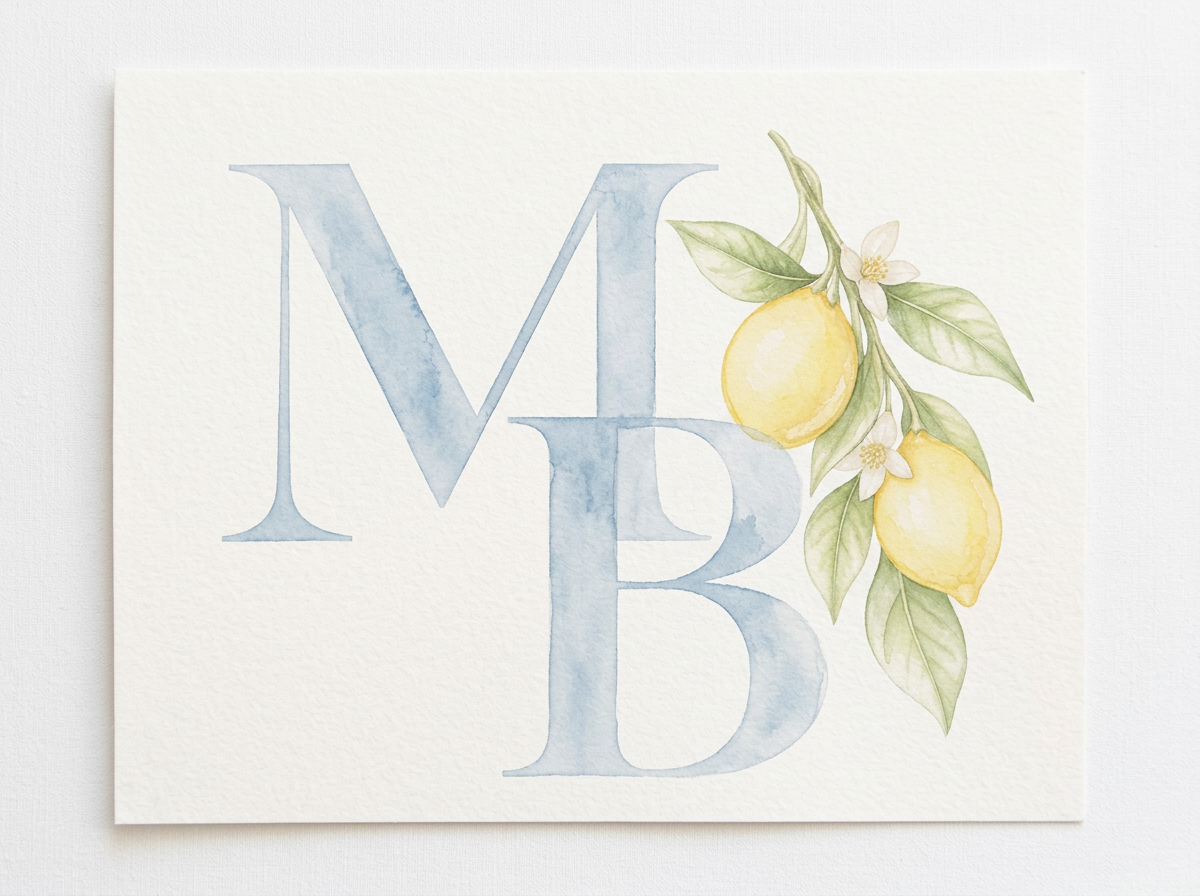 Watercolor illustration of the word 'MOM' with a branch of lemons and lemon blossoms on the right side.