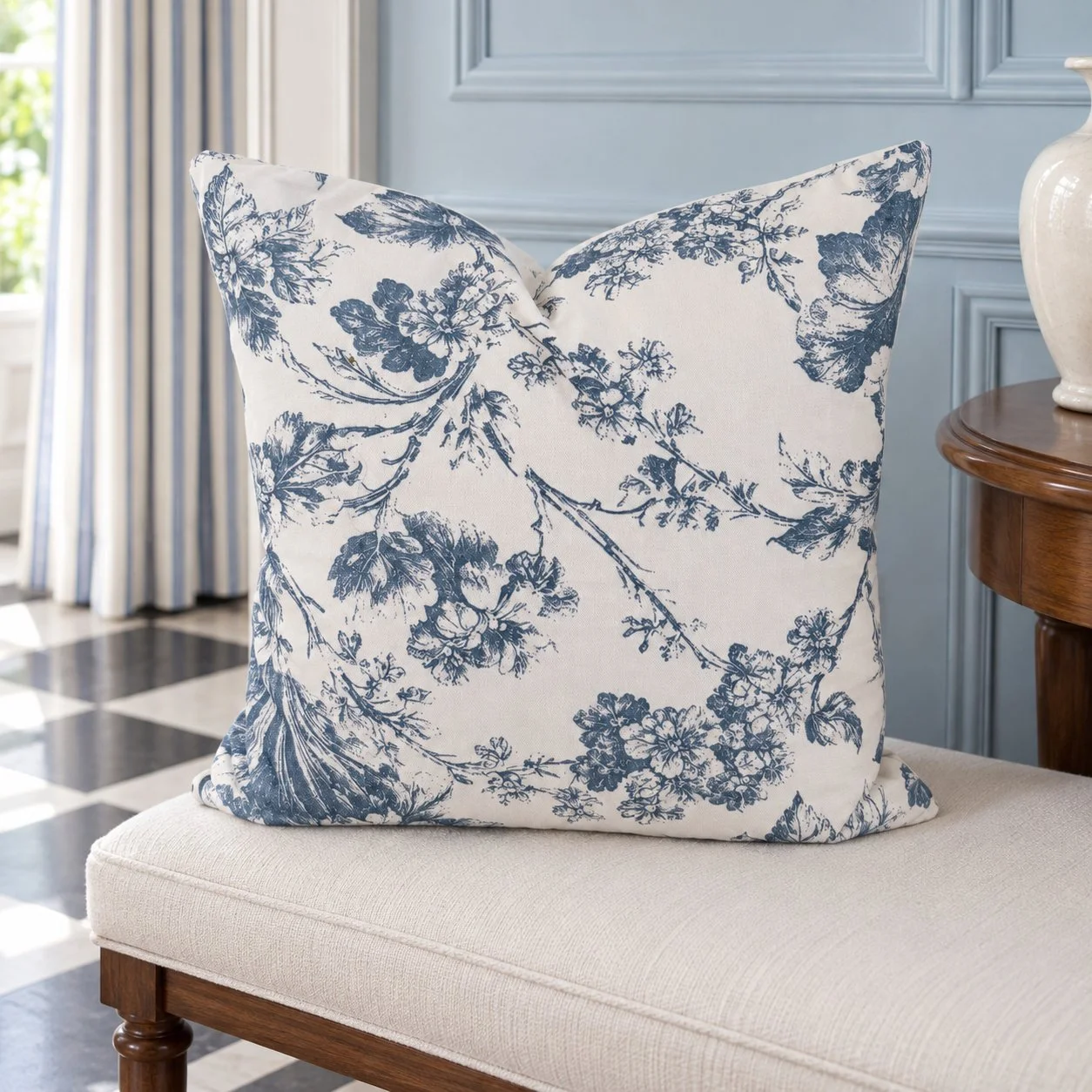 Botanical throw pillow layered on a butter-yellow settee.