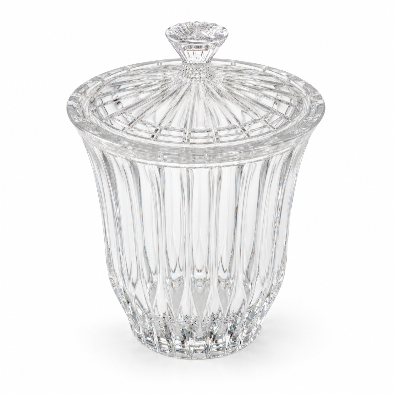 Top view of the jar's radiating glass lid and starburst detail on the finial.
