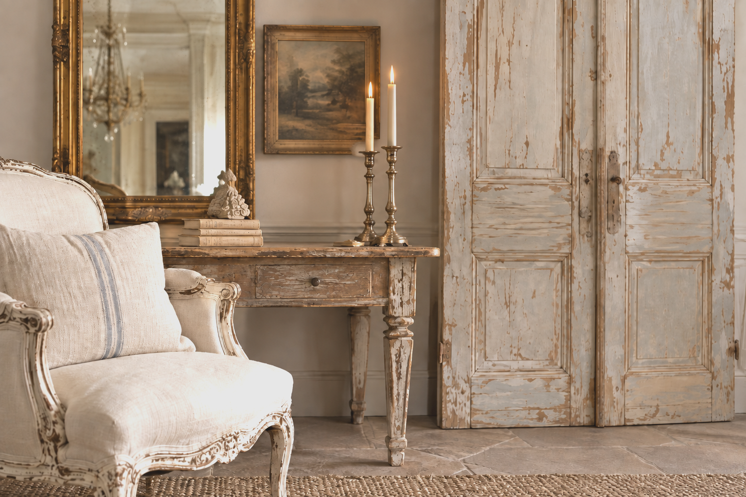 Vintage living room corner with distressed wooden furniture, a cream armchair with decorative carvings, a wooden console table with two lit candles, a small sculpture, and a mirror with a gold frame reflecting chandelier and room details.