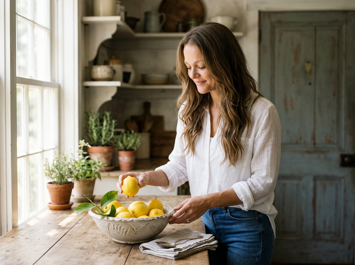 A woman with long wavy hair standing at a wooden kitchen table, holding a lemon in her right hand, and placing lemons into a decorative bowl filled with lemons, with potted plants and kitchen shelves in the background.