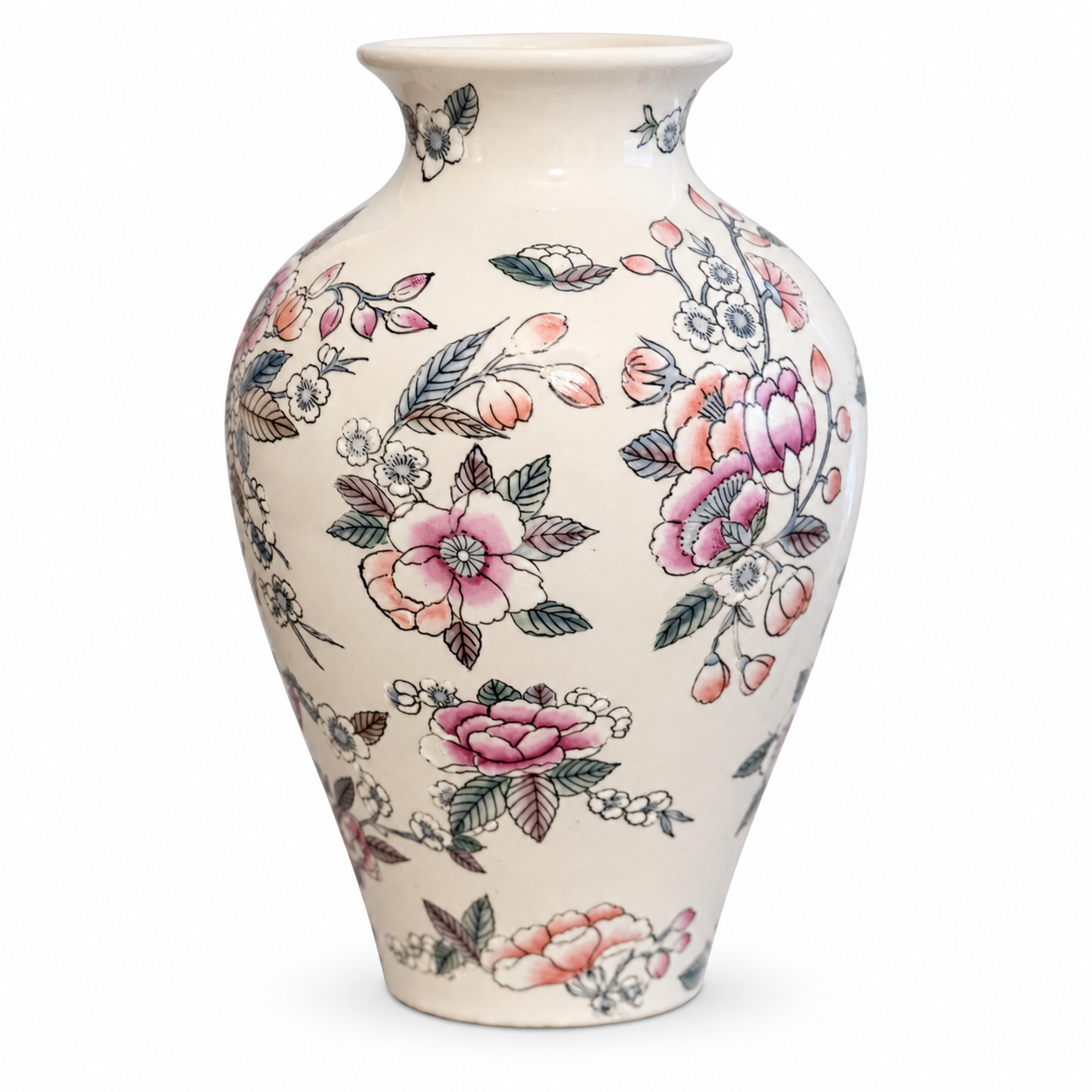 1.pngront view of an ivory porcelain vase with pink and peach flowers on a white background.