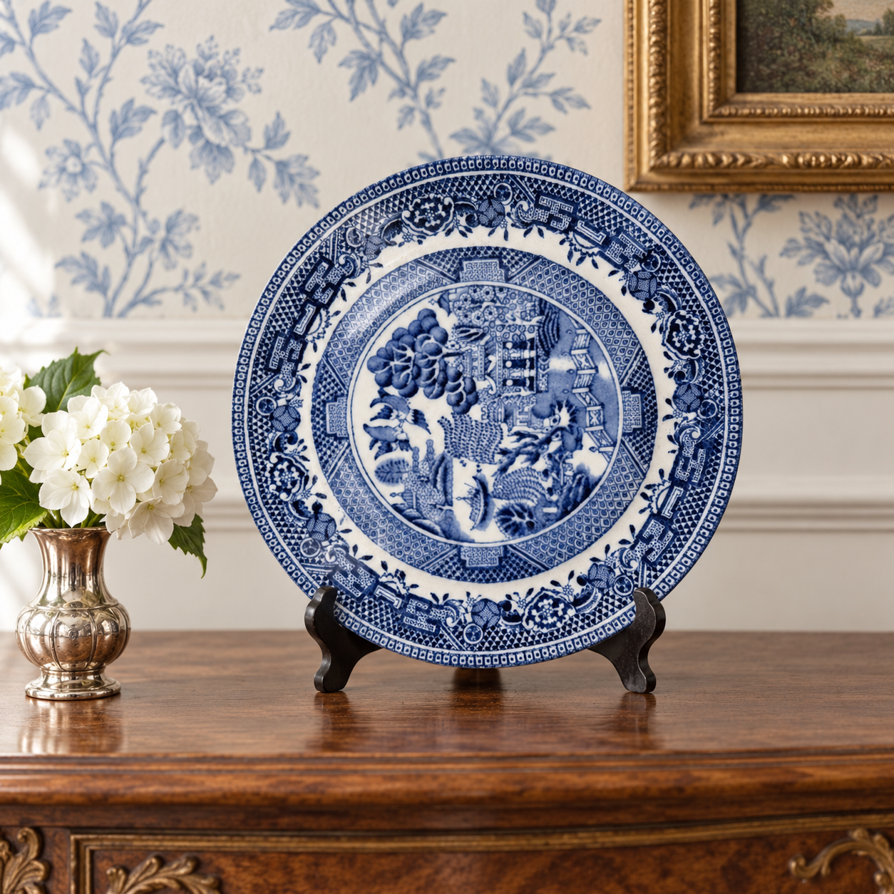 Close view of the Willow landscape and detailed blue border on the English plate.