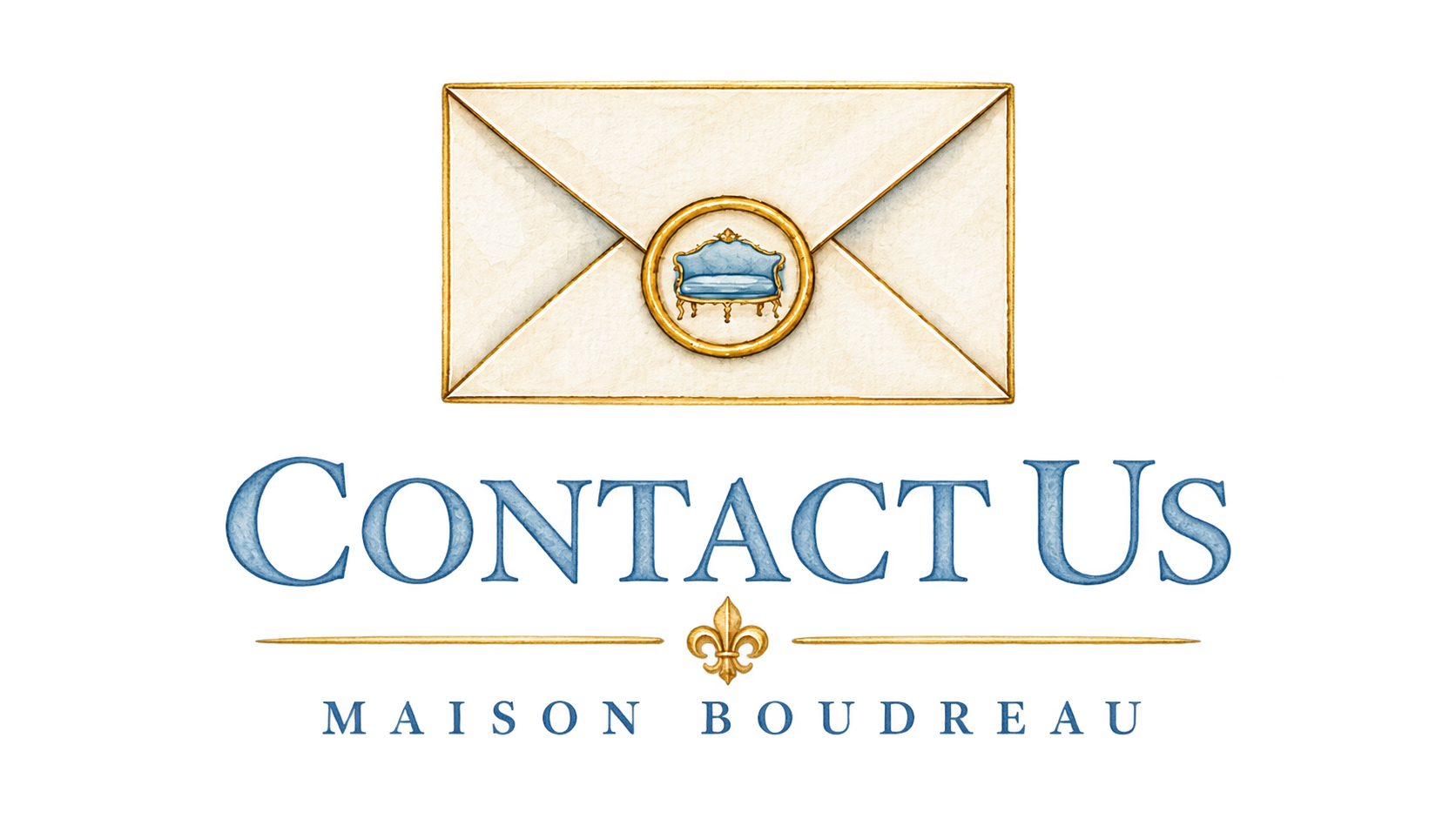 Text reading 'Contactus Maison Boudreu'. An illustration of a sealed envelope with a blue sofa in the seal.
