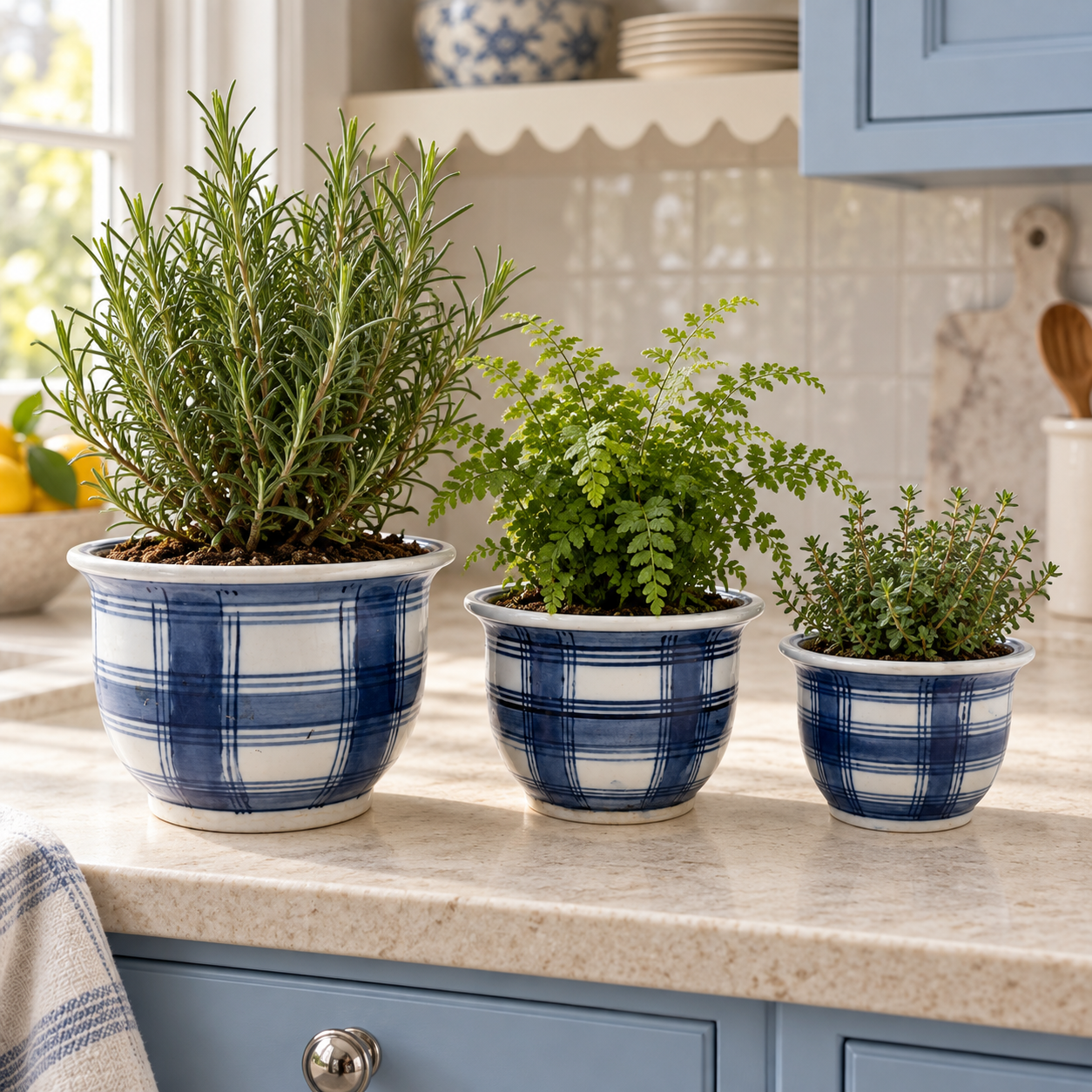 Three plaid ceramic planters holding herbs in a bright kitchen setting.