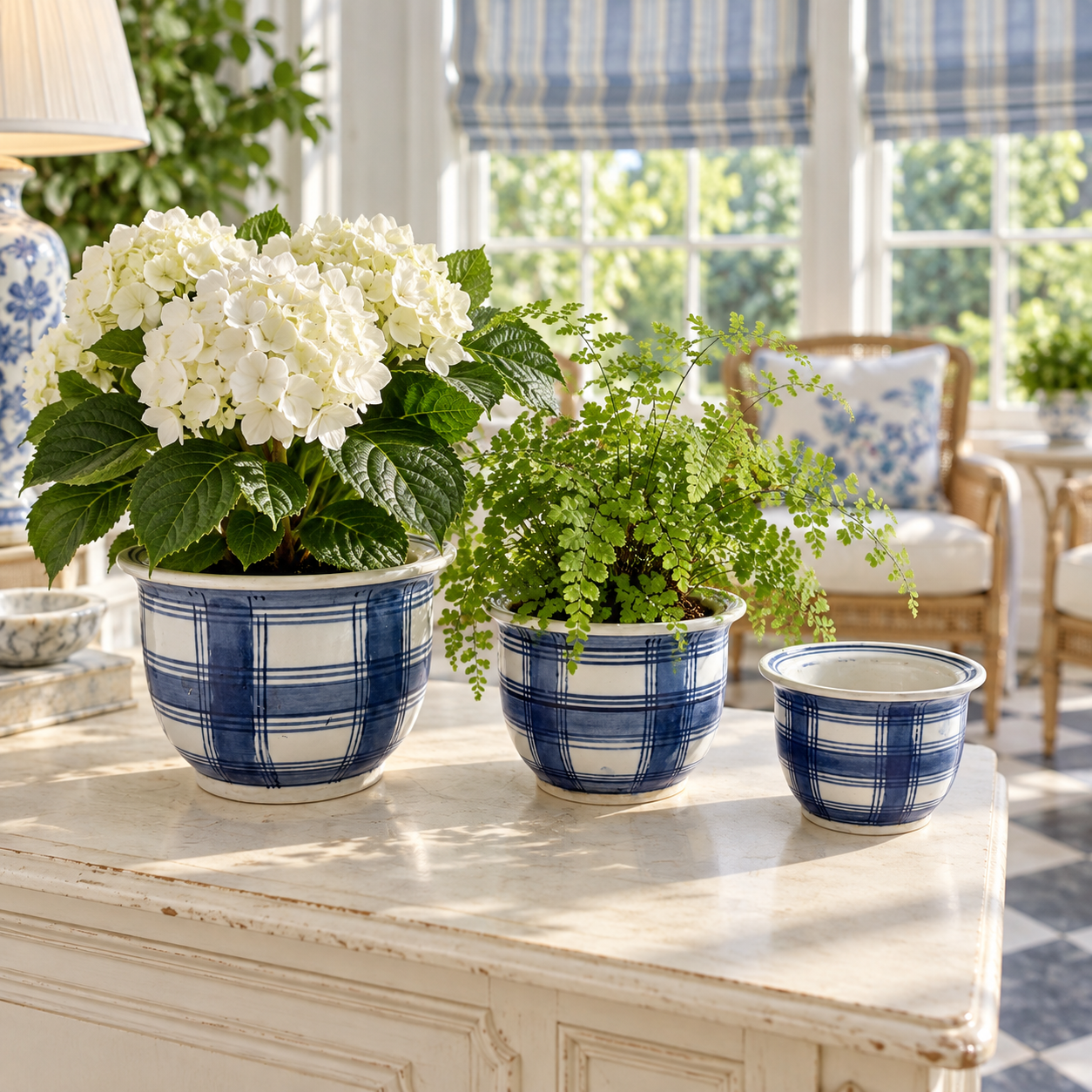 Blue-and-white plaid planters styled with pale-blue hydrangeas in an entryway.
