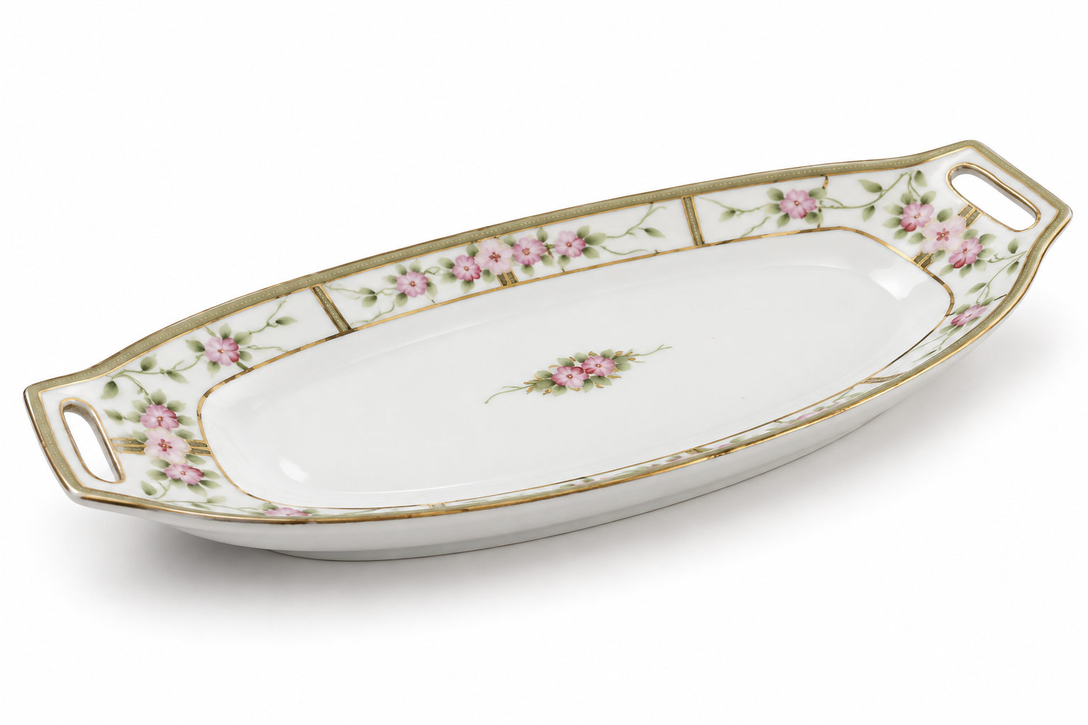 Pink floral Nippon tray displayed diagonally on marble in a French-inspired grandmillennial interior.