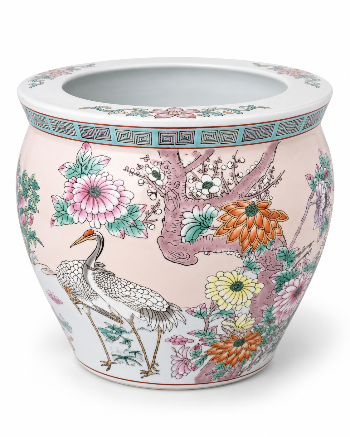 Large Chinoiserie Porcelain Jardinière with Cranes | Famille Rose Style Cachepot