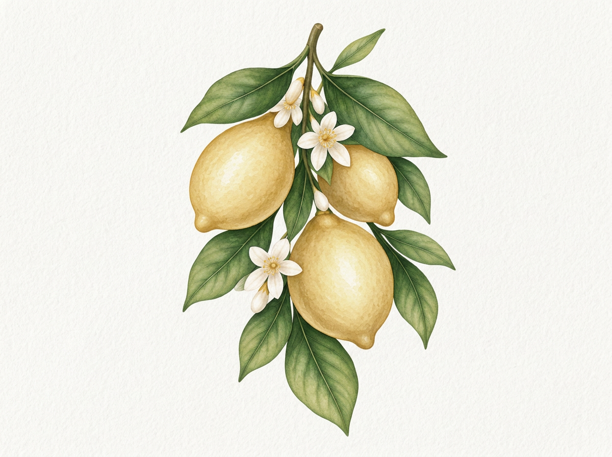 Illustration of three yellow lemons with green leaves and white flowers on a light background.