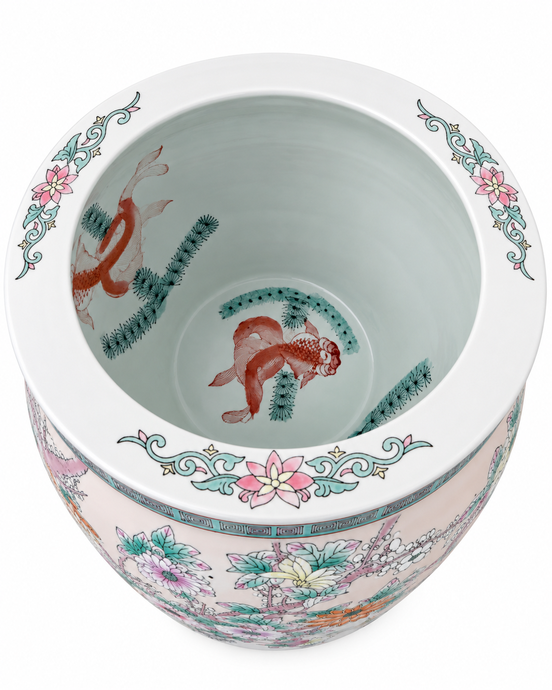 Top view of porcelain jardinière showing painted interior and floral rim