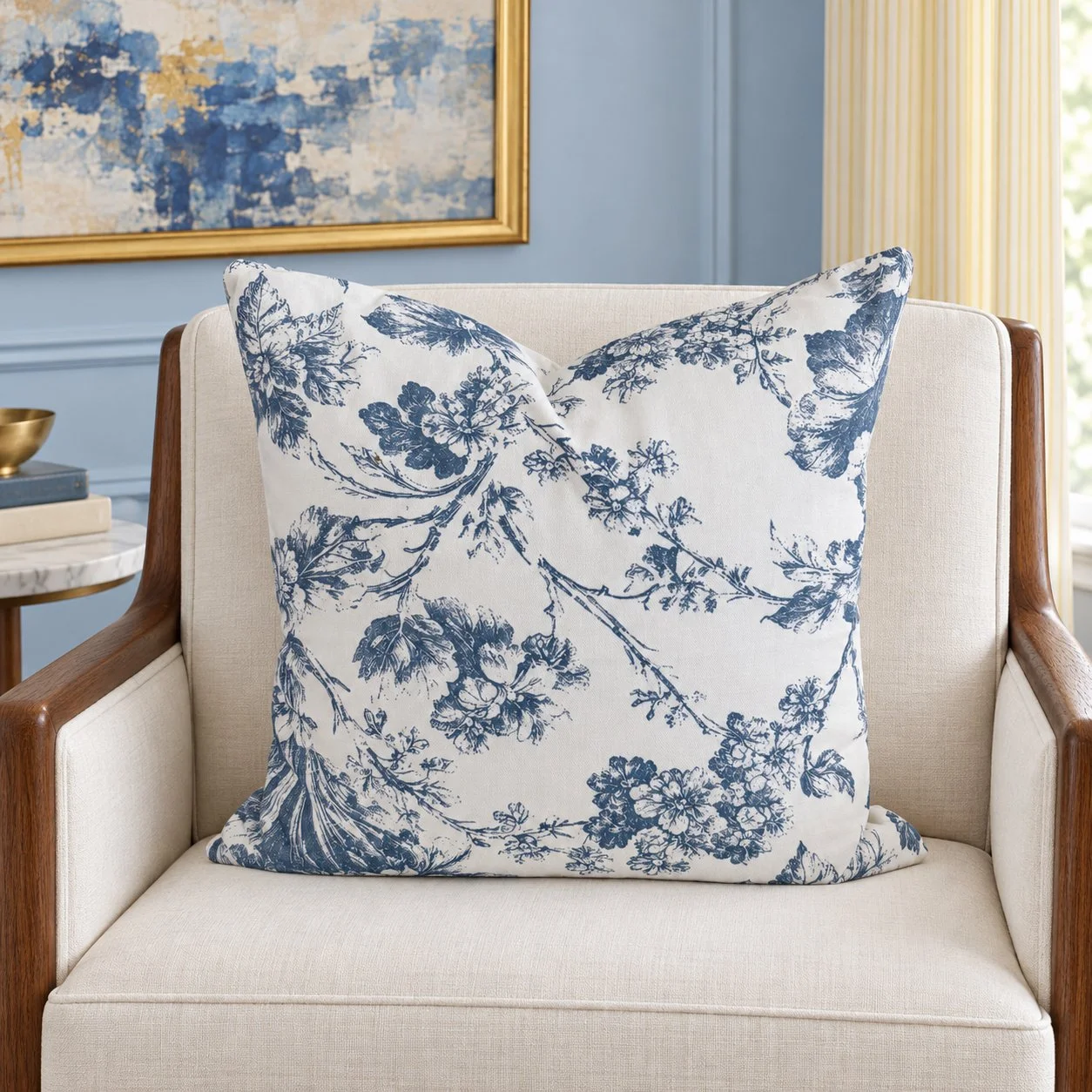 Close detail of the pillow's blue botanical pattern and ivory fabric.