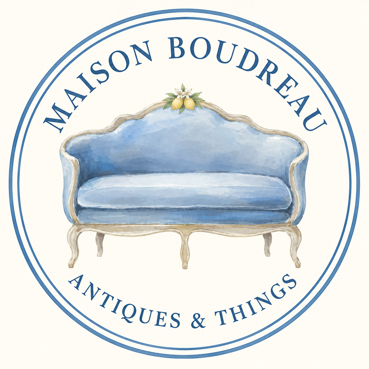 Logo of Maison Bourdeau featuring a vintage blue sofa with a lemon branch decoration and text indicating antiques and things.