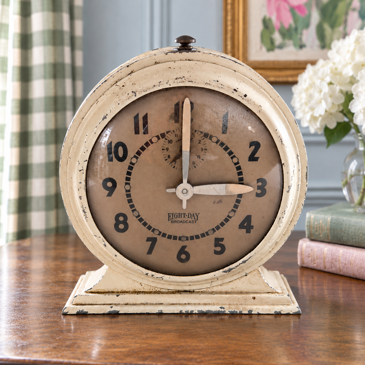 Weathered cream clock photographed at an angle on a writing desk beside linen-bound books.