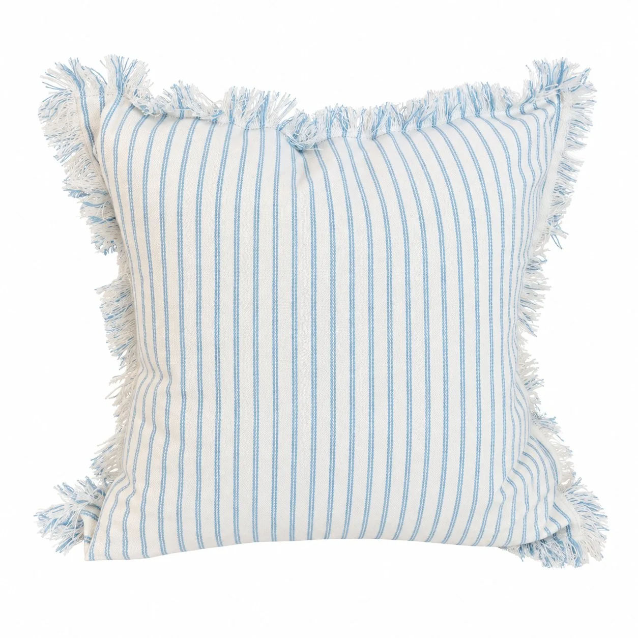 Angled front view of the blue-striped ivory pillow on white.