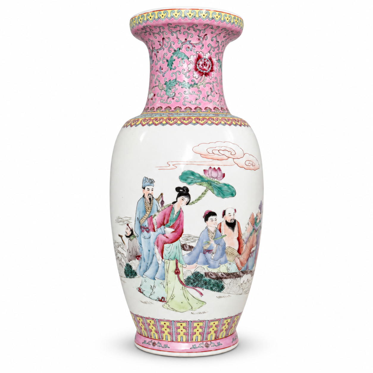 Large Pink Famille Rose Style Figural Porcelain Vase | 18 Inches