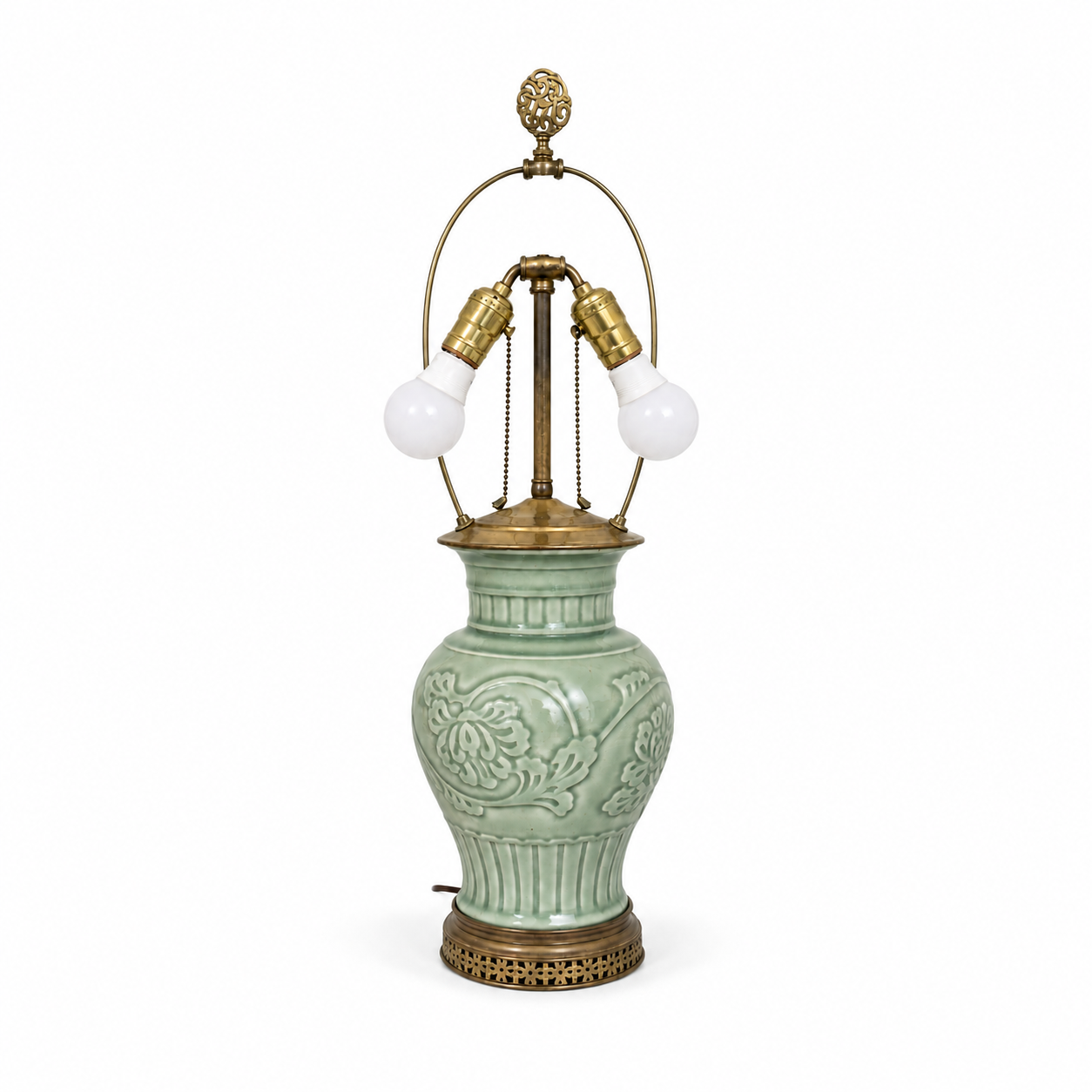 Vintage Celadon Floral Relief Table Lamp with Brass-Tone Mounts
