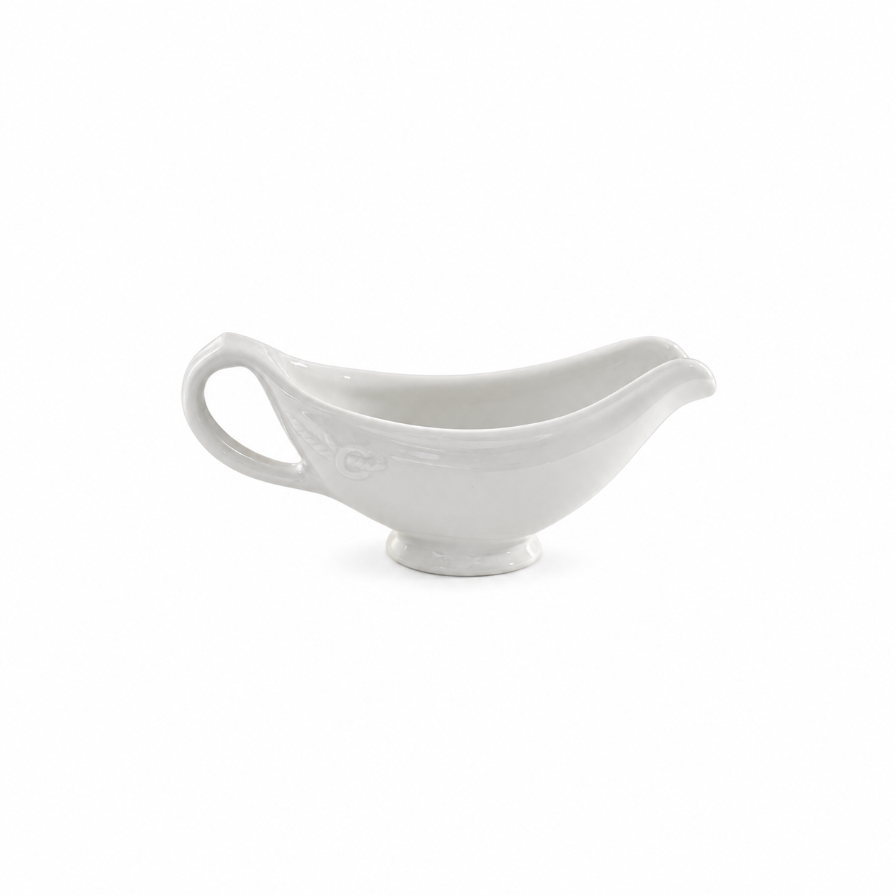 Underside of the white gravy boat with the blue Hall mark and Made in U.S.A. lettering.