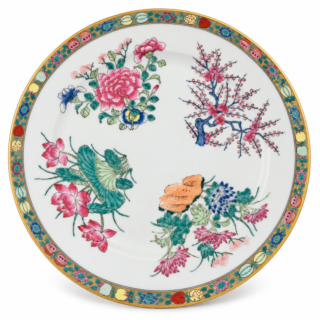 Vintage Chinese Famille Rose Four Seasons Porcelain Plate, 10 Inch