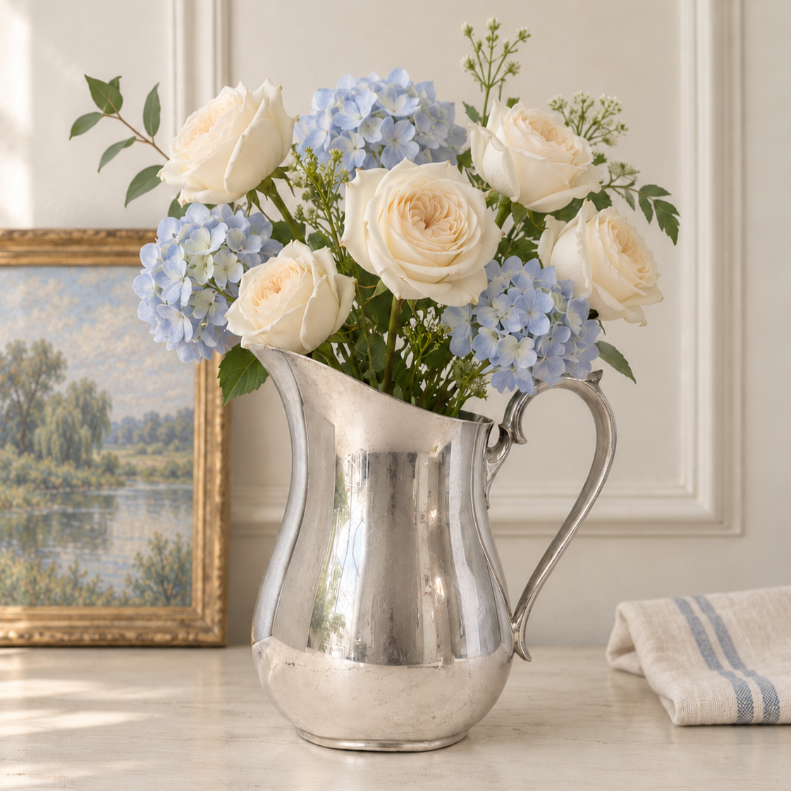 Silverplate pitcher with its handle facing left, filled with white and pale blue hydrangeas on a painted console.