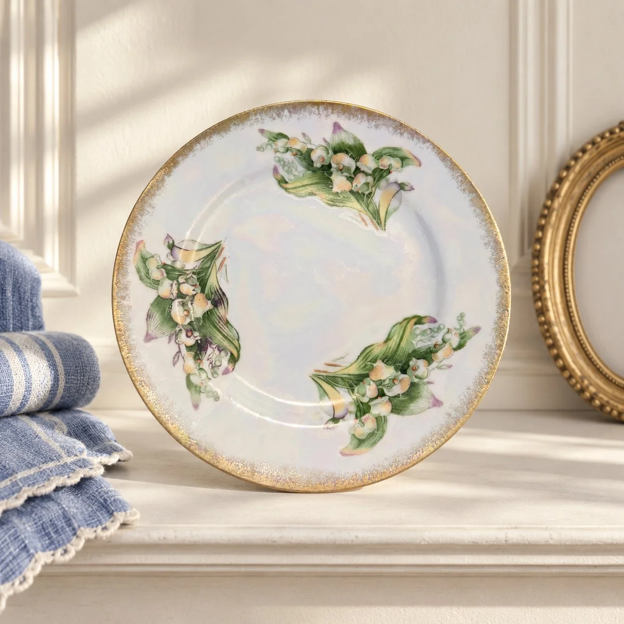 Lily-of-the-valley plate on a shelf with folded blue linens and a small frame.
