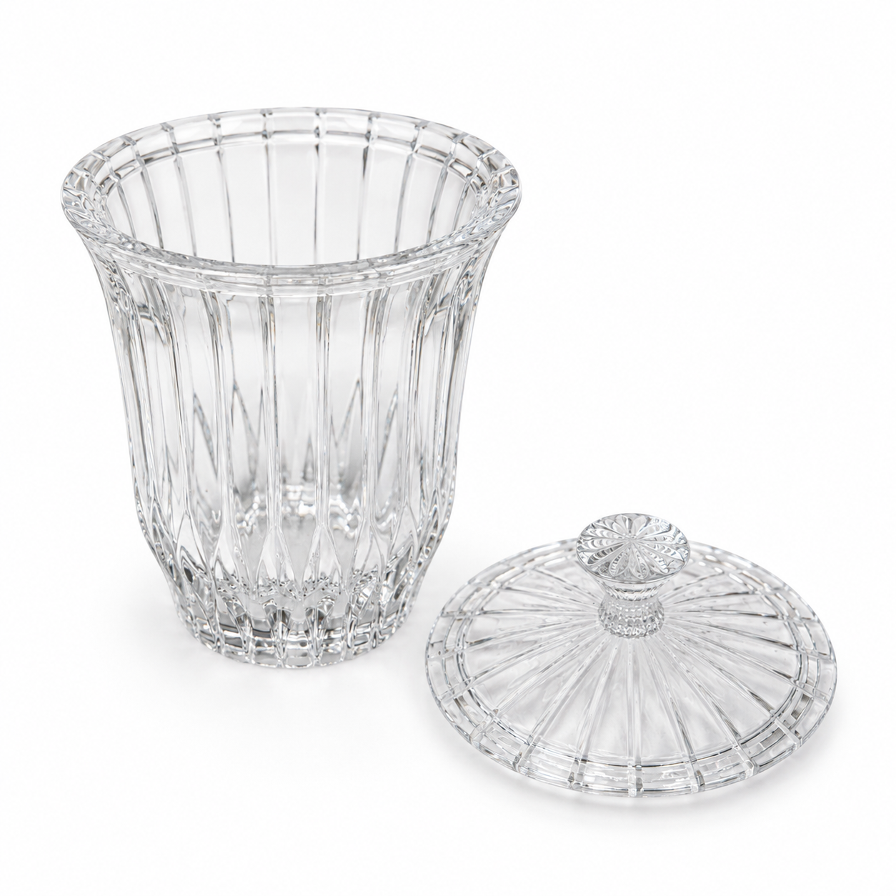 Open clear glass jar with the removable lid displayed beside it.