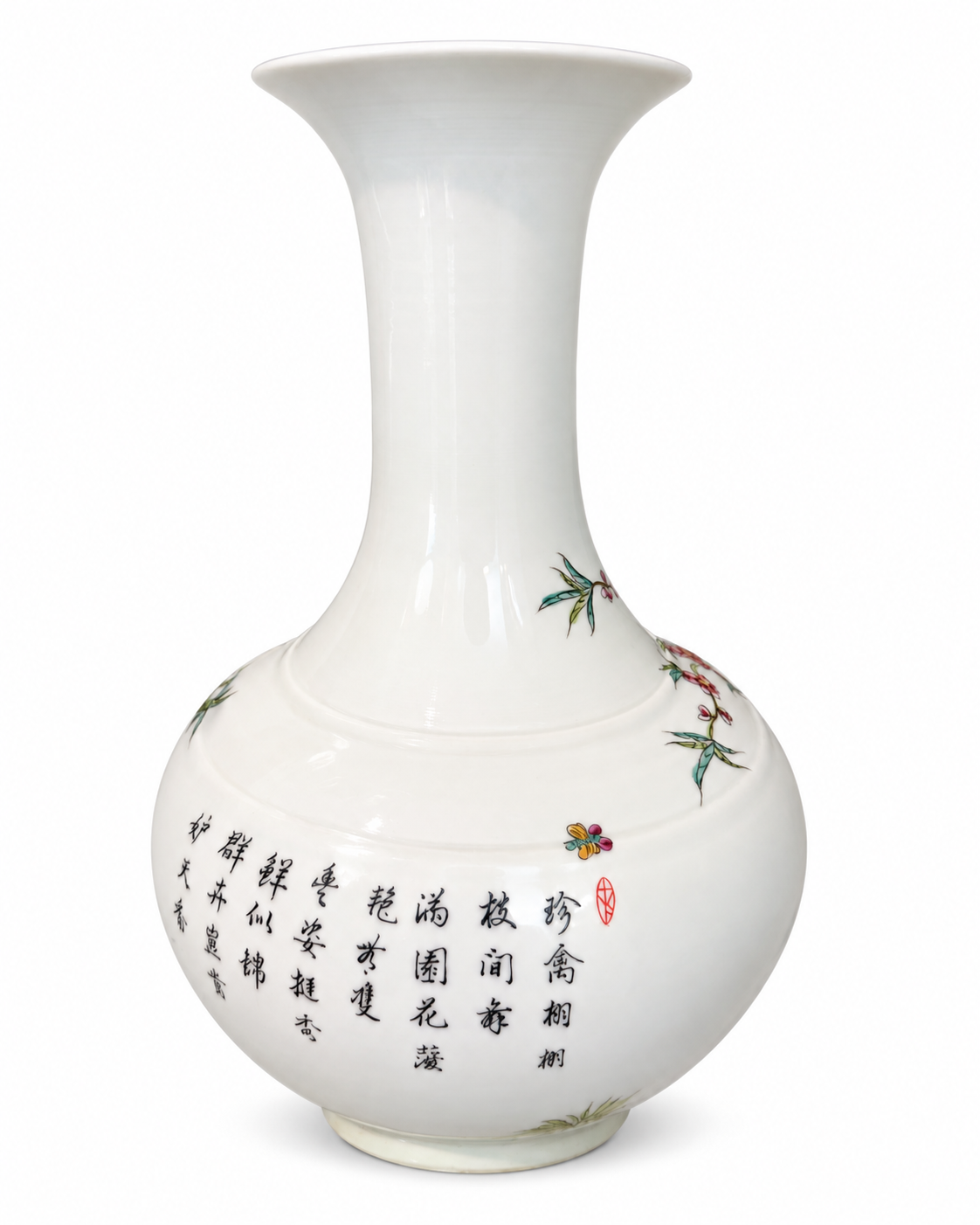 Floral porcelain vase on a pale blue console beside white hydrangeas, with green gingham curtains and chinoiserie wallpaper.