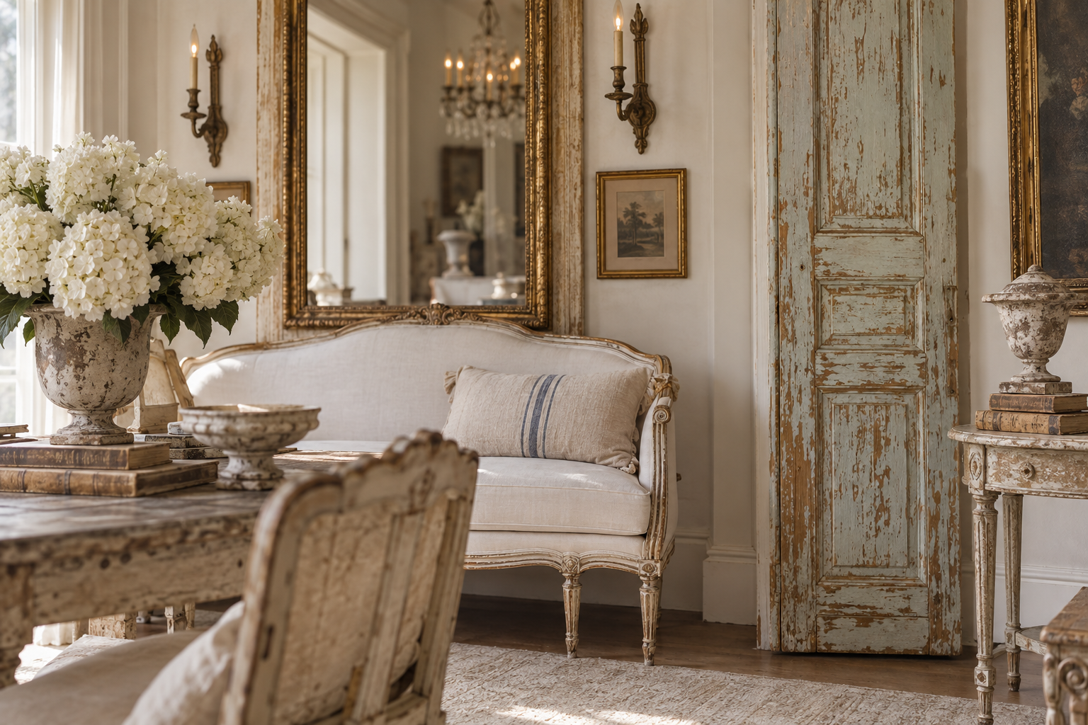 A vintage living room with a distressed closet door, a white sofa with a striped pillow, a wooden table with a large floral arrangement, a mirror, wall-mounted candle sconces, framed artwork, and an elegant chandelier.