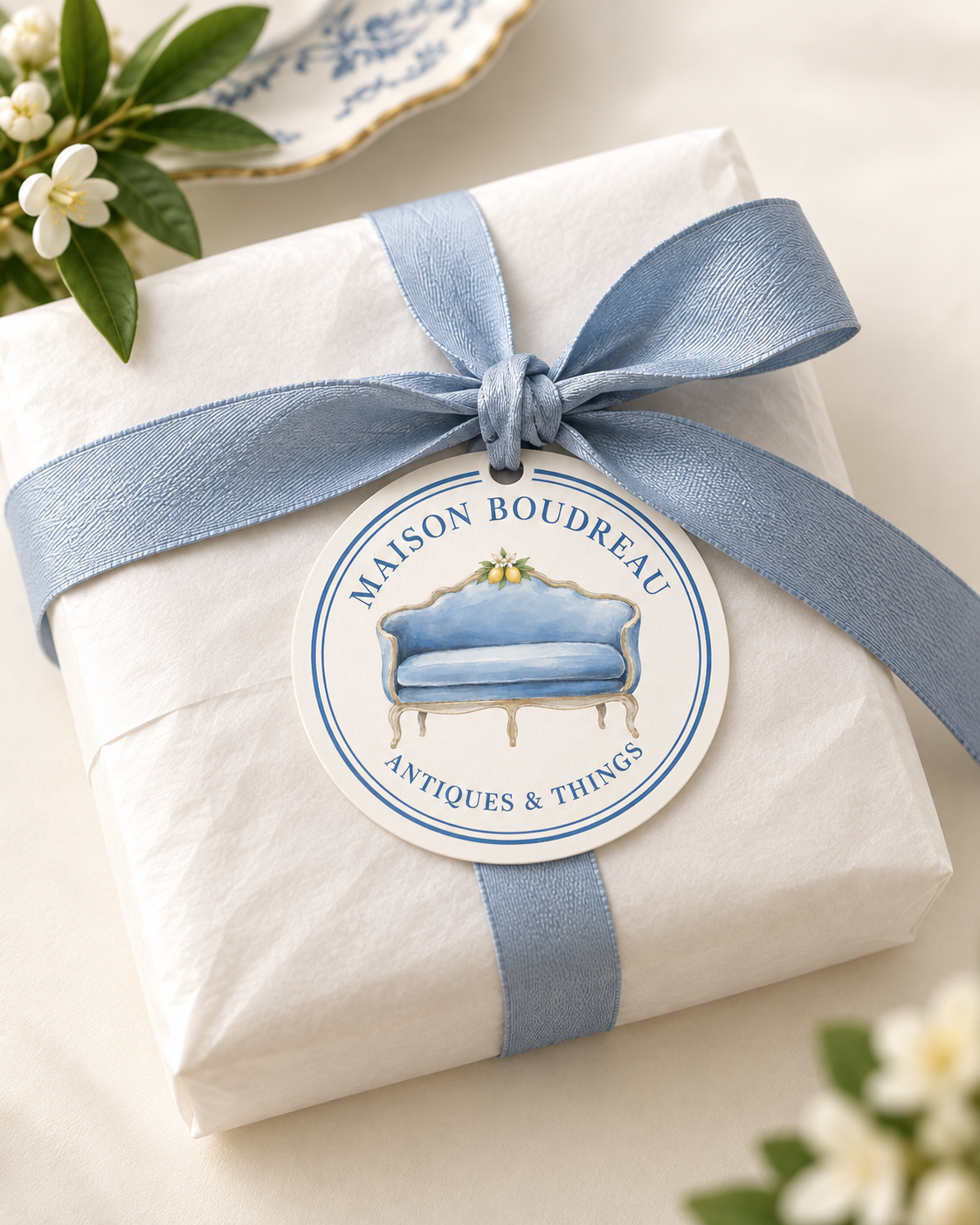 Wrapped gift with white paper, light blue satin ribbon tied in a bow, and a circular tag with a blue antique sofa illustration and the text 'Maison Boudreau Antiques & Things'. In the background, there are white flowers with green leaves and a decorative plate.