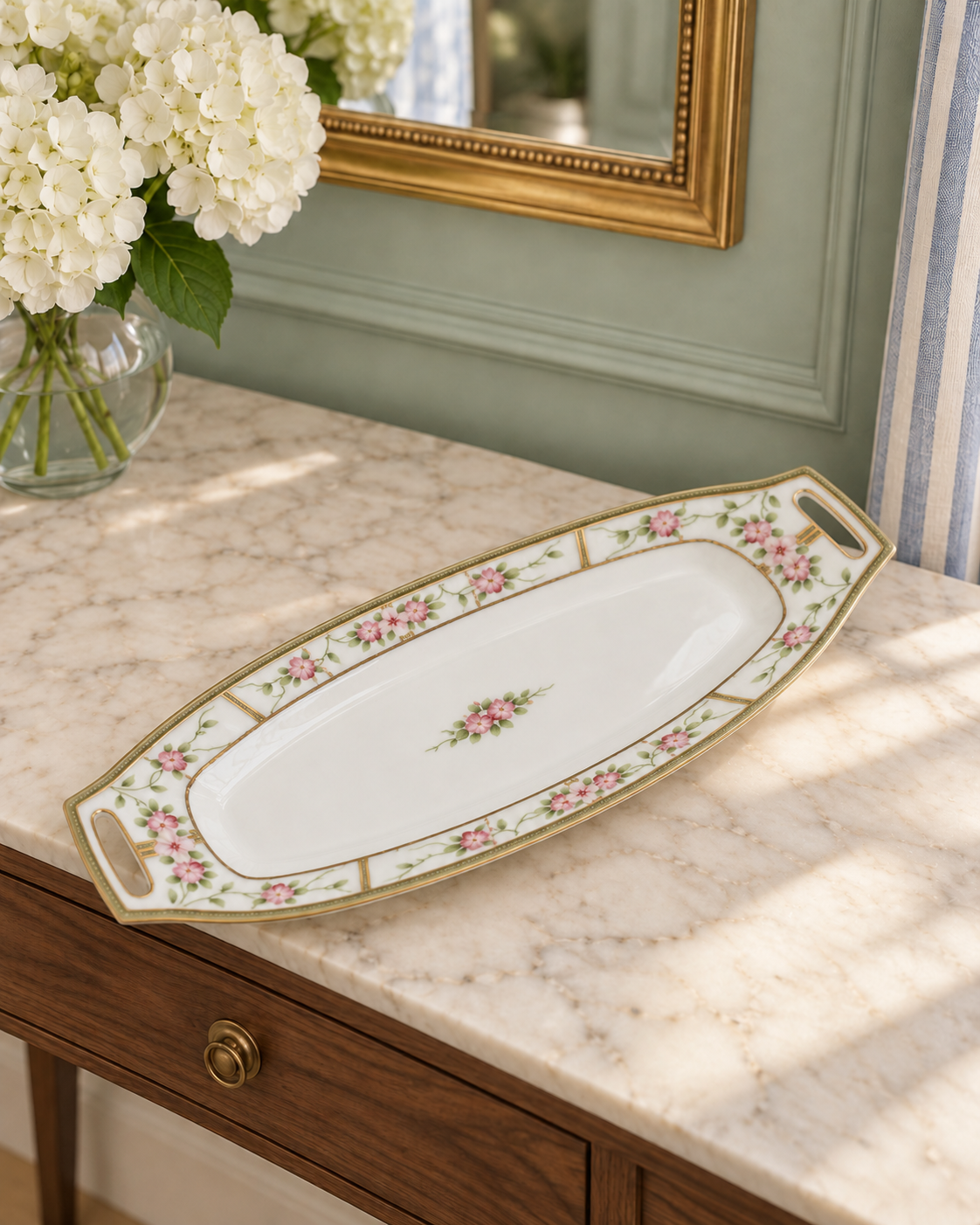 Nippon Hand-Painted Floral Porcelain Tray with Gold Trim