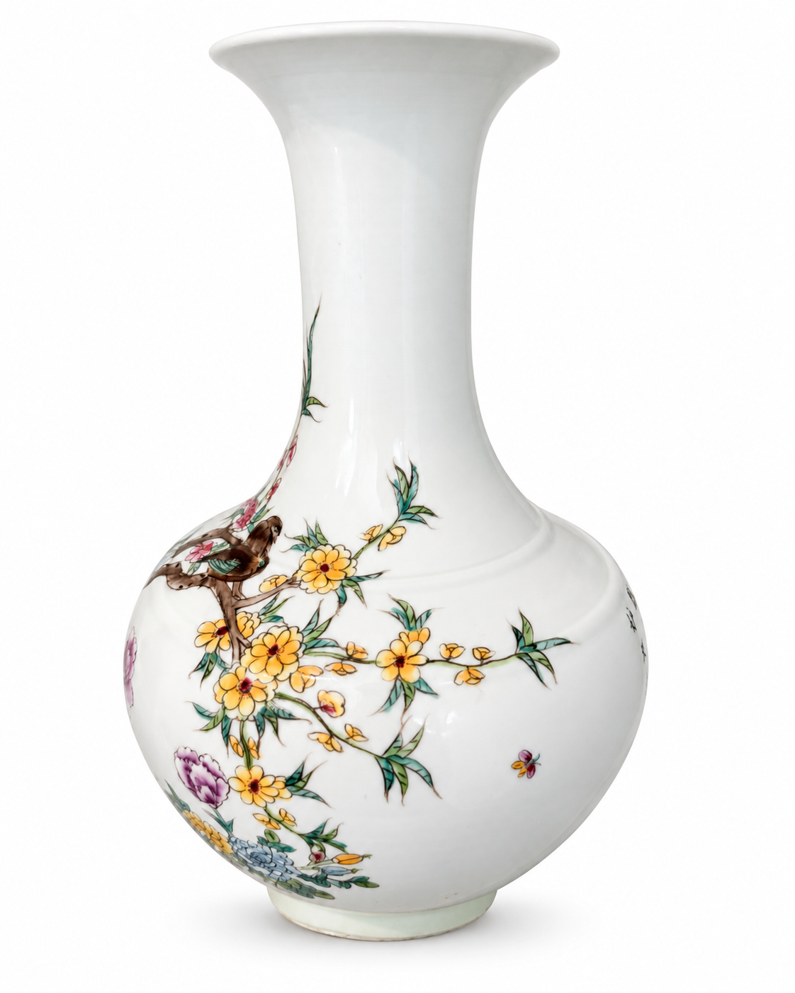 Porcelain vase underside showing a red square mark, protective pads and wear around the circular foot.