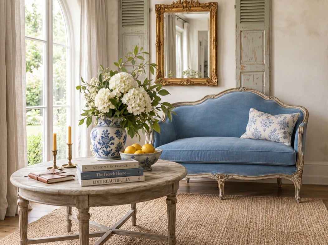 A vintage-style living room corner with a blue upholstered settee, a round wooden coffee table with a vase of white hydrangeas, a bowl of yellow lemons, a stack of books, and a small pillow. There is a large window with sheer curtains, a gilded mirror on the wall, and a natural fiber rug on the floor.