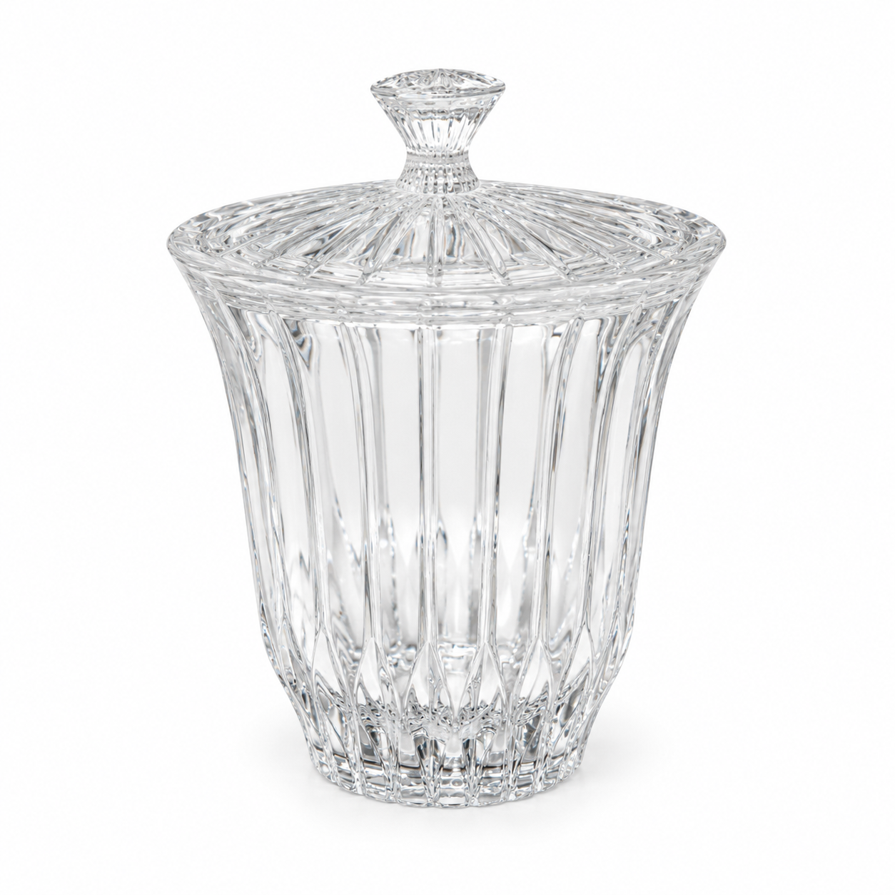Clear lidded glass jar showing its curved sides and vertical fluting.