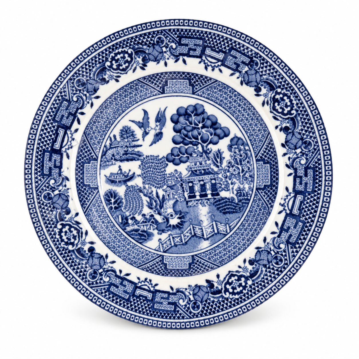 Royal Venton Ware Blue Willow plate with a blue pagoda landscape and patterned border.
