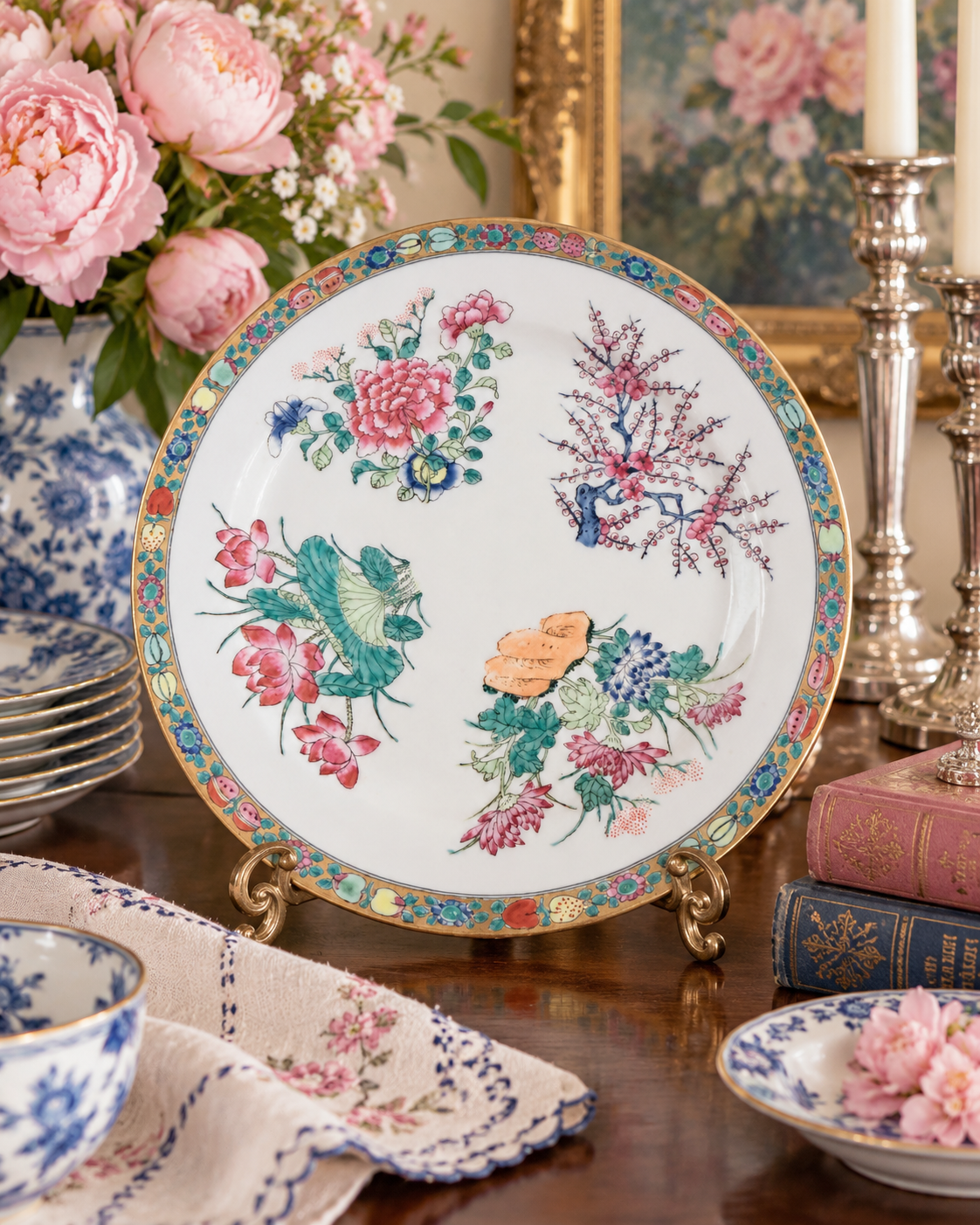 10-inch Famille Rose Four Seasons porcelain plate displayed on a brass stand in a French-inspired interior