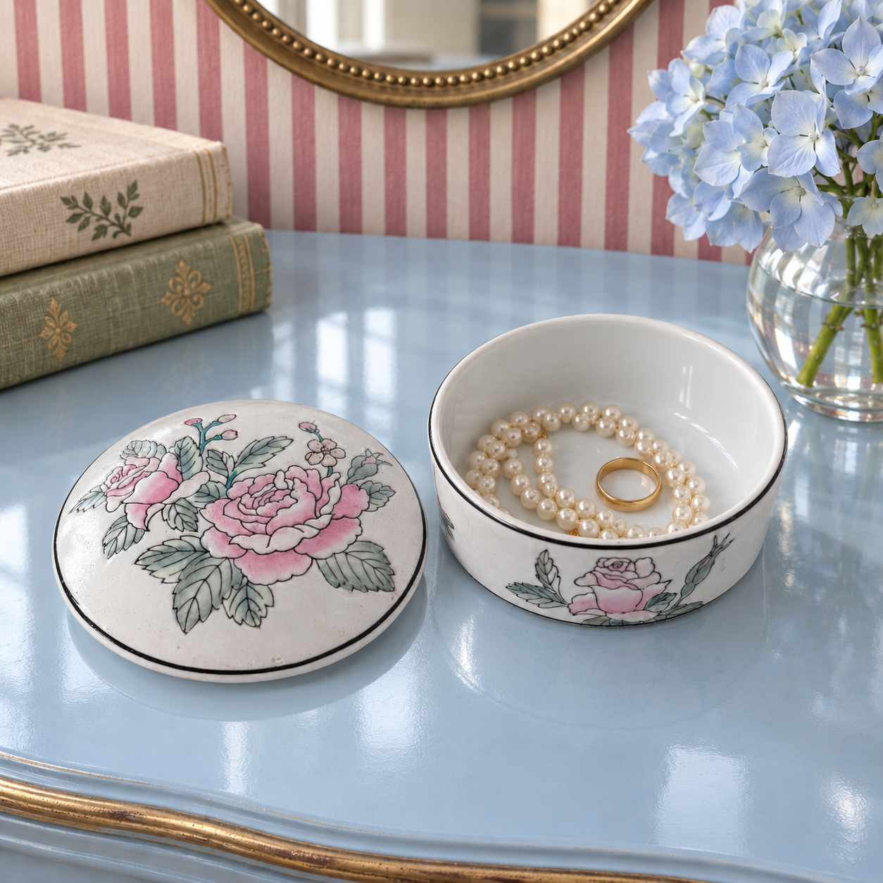 Close view of the pink flowers and black edging on a porcelain box in a colorful vanity setting.