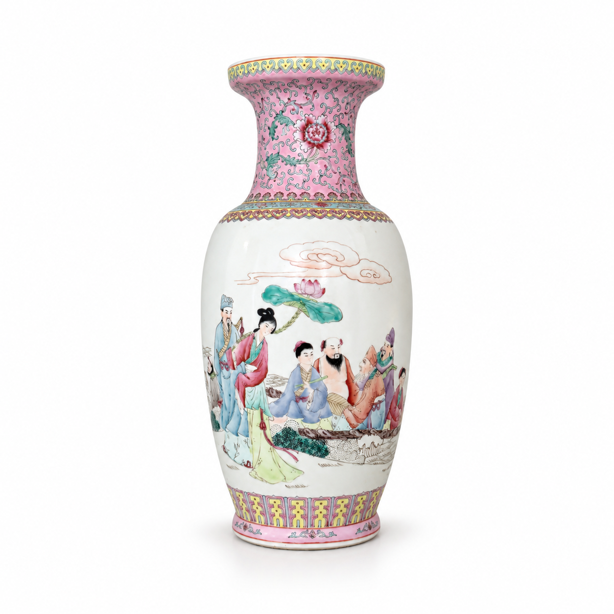 Close-up of the vase’s pink floral neck, flared rim and turquoise and yellow detailing.
