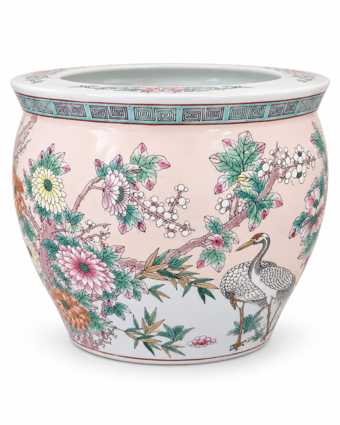 Reverse view of large porcelain jardinière with crane and floral decoration