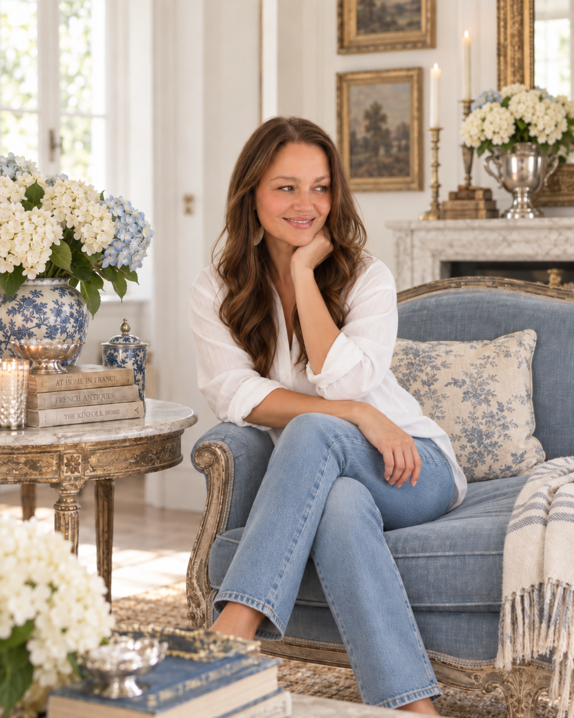 Elizabeth Boyer, founder of Maison Boudreau, in a French-inspired interior with antiques and vintage decor in McKinney, Texas.