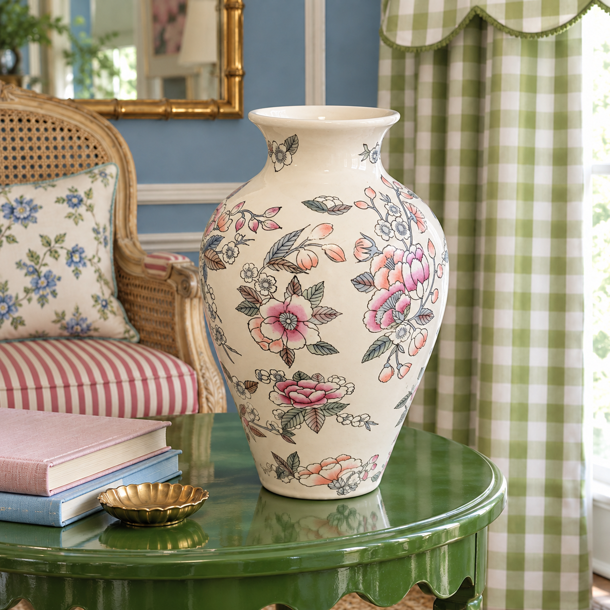 Alternate view of the floral porcelain vase showing pink blossoms and muted green and blue foliage.