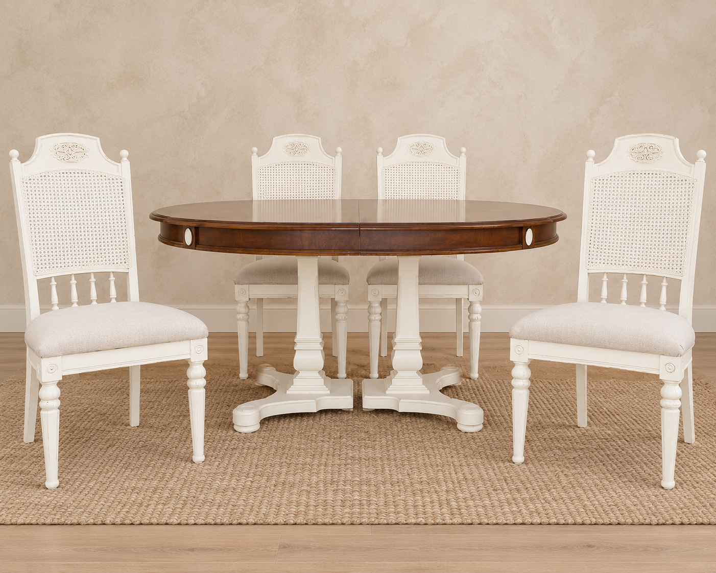 FVintage dining table and four cane-back chairs refinished in white with a warm wood tabletop and neutral upholstered seats