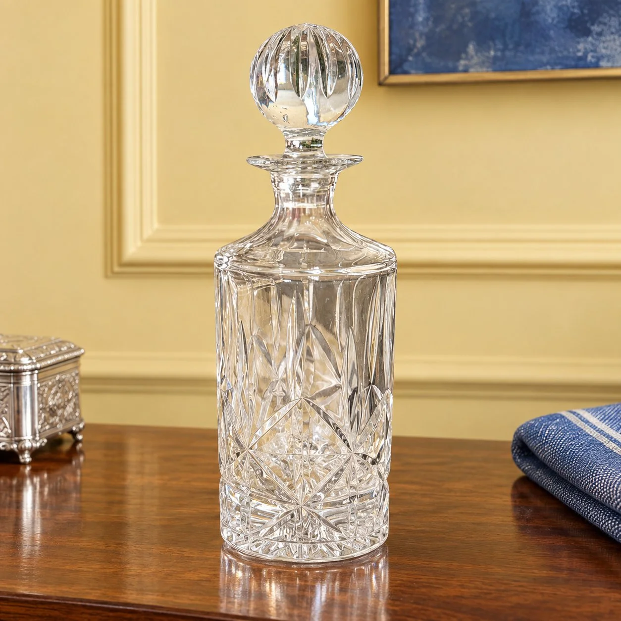 Clear decanter on a walnut sideboard against a butter-yellow wall.