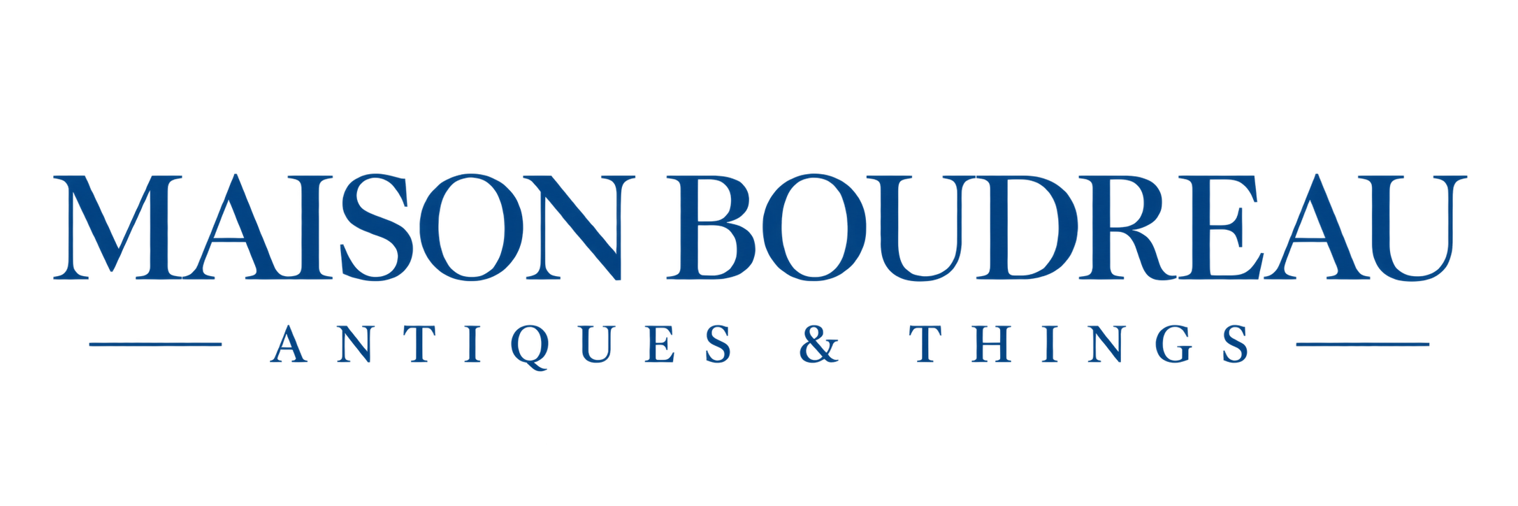 Logo of Maison Boudreau Antiques & Things with a blue text design.