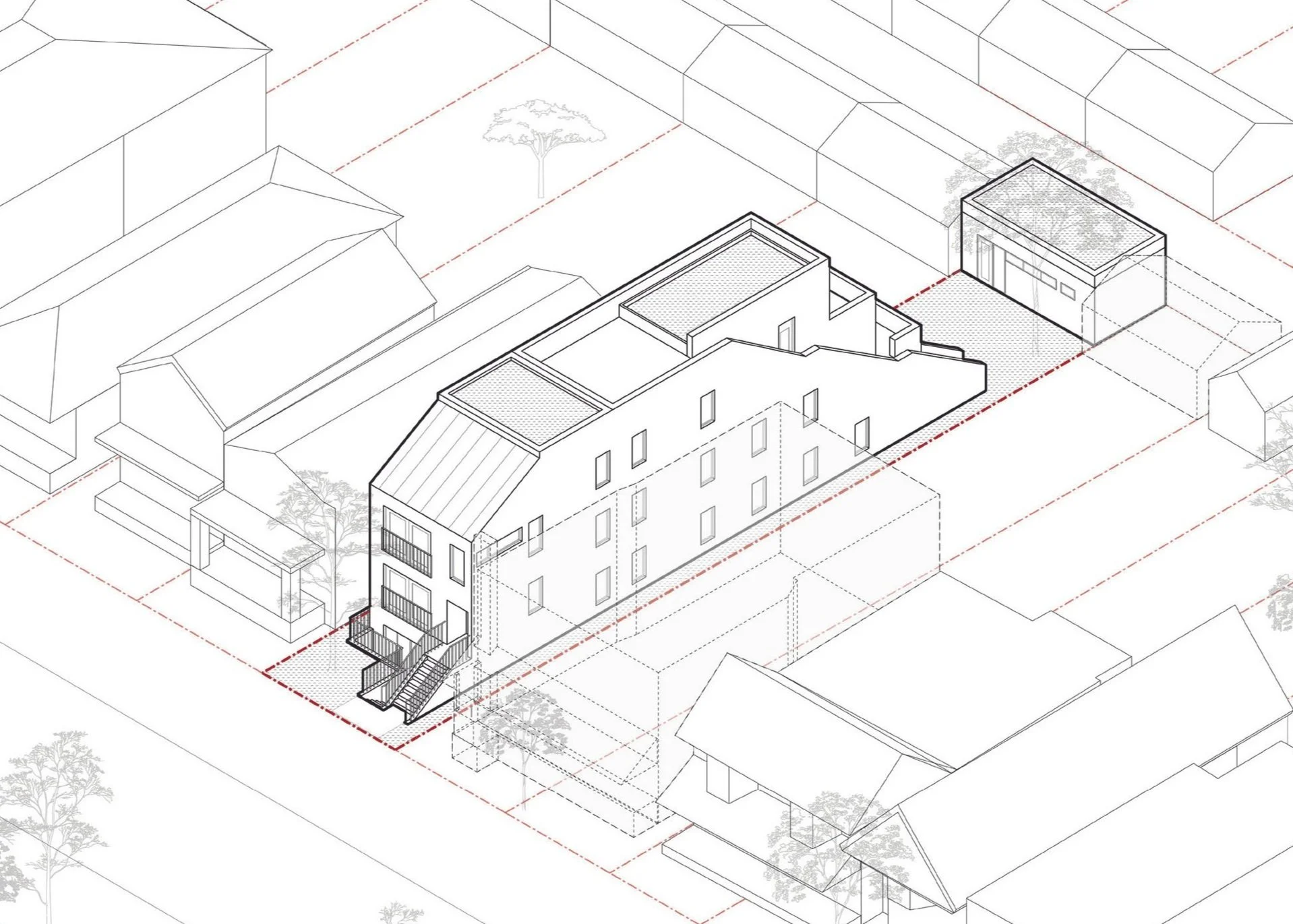 Architectural drawing of a modern, multi-story residential building with outdoor stairs and rooftop elements, situated within a neighborhood layout.